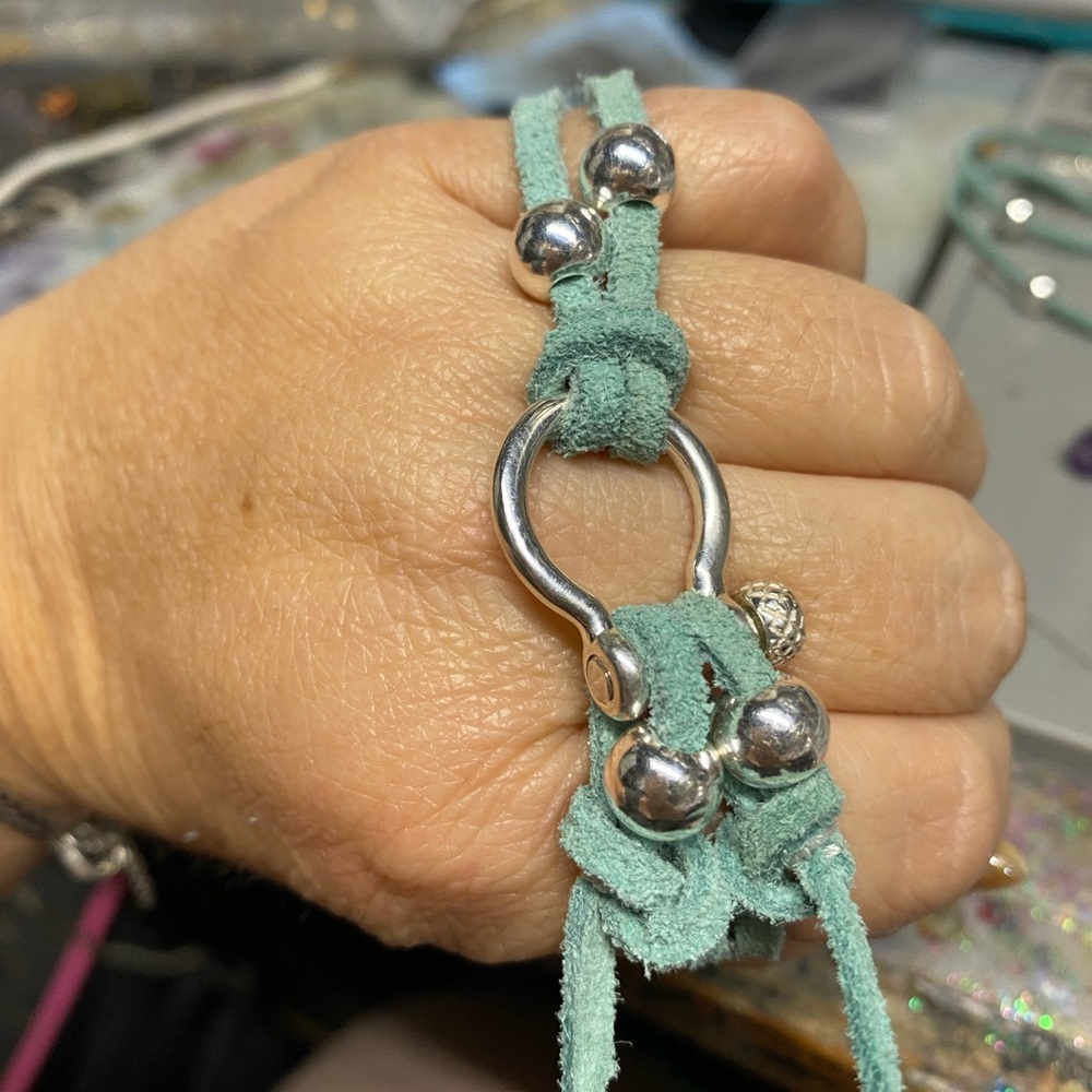 Sterling Silver carabiner sterling silver beads and turquoise Leather Bracelet